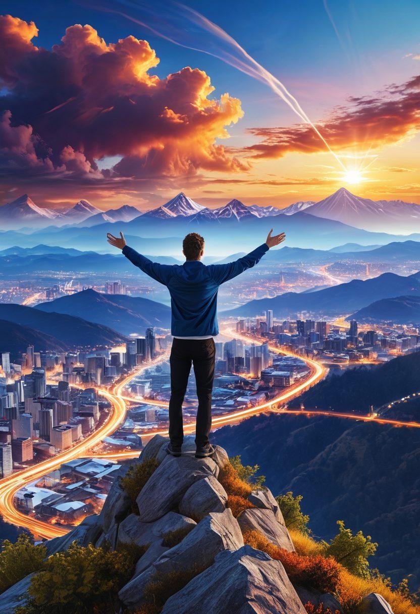 A joyful person standing atop a mountain, arms outstretched, surrounded by vibrant clouds symbolizing superior transmission networks. Below, a dynamic cityscape with glowing data lines connecting buildings illustrates advanced technology. Bright sunlight bathes the scene in warmth, evoking a sense of upliftment and positivity. super-realistic. vibrant colors. 3D.