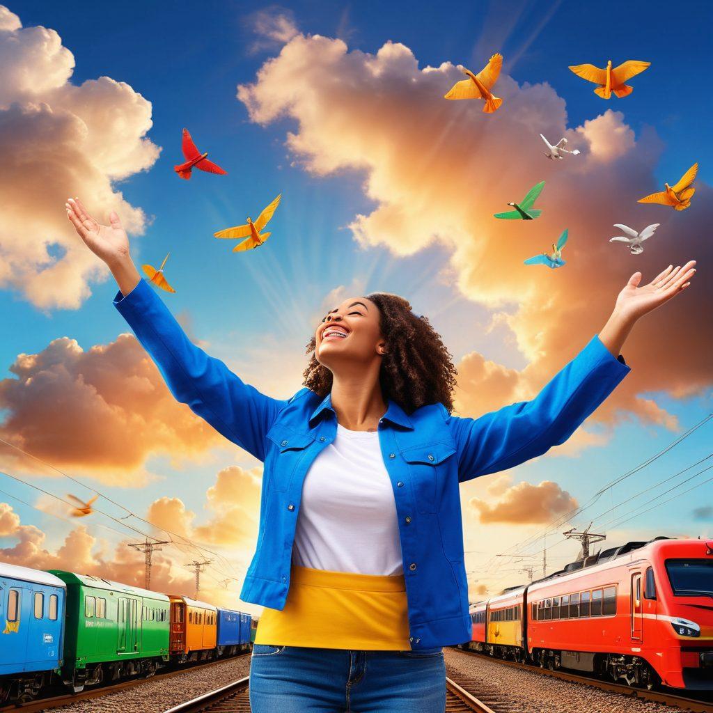 A joyous person raising their arms in celebration, surrounded by vibrant symbols of transportation like trains and trucks, showcasing seamless connection and satisfaction. The background features a bright sky with fluffy clouds, representing elevated spirits and positivity. Infused with elements of exceptional service, such as friendly staff offering assistance. super-realistic. vibrant colors. uplifting atmosphere.