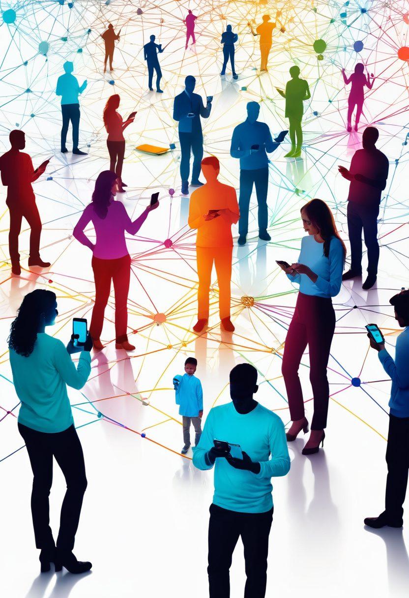 A glowing network of interconnected lines depicting optimized technology solutions, with joyful people receiving happiness through digital devices like smartphones and tablets. Vibrant colors radiate to symbolize positivity and connectivity, surrounded by abstract representations of data flow and communication. The scene conveys an uplifting atmosphere of technological advancement improving everyday life. super-realistic. vibrant colors. white background.